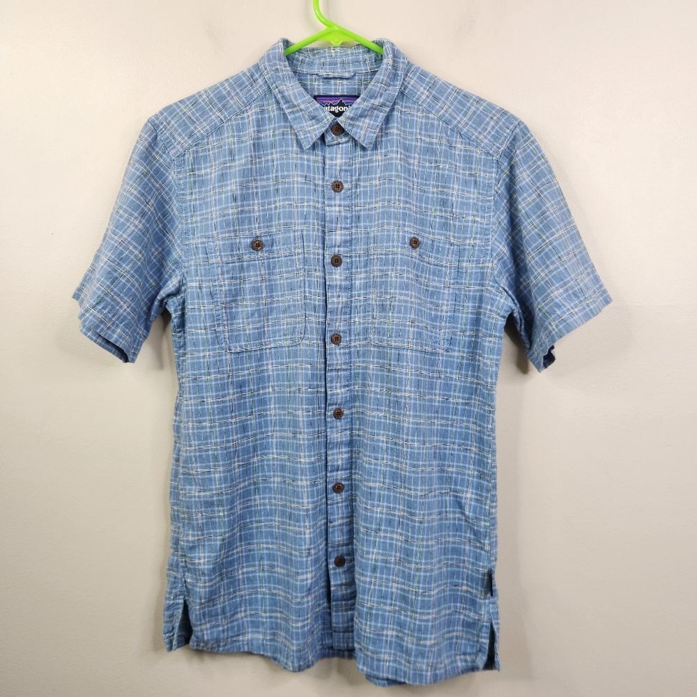 Patagonia Mens Short Sleeve Hemp Organic Cotton Blend 2 Pocket Button Down Small